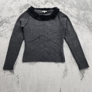 Vintage Avalin Sweater Womens S Gray‎ Black Stretch Wool Embroidered Fur Collar